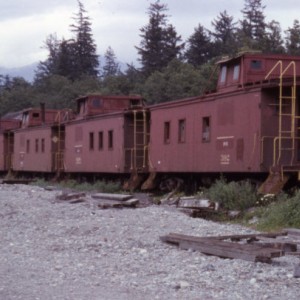 ex-Frisco cabooses 392, 898 and four others at Squamish, BC, July 6, 1957 following sale to Pacific Great Eastern.