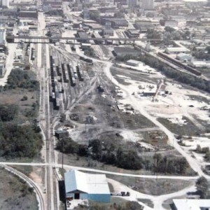 Aerial view of Frisco's South Yard in Springfield looking east.  Notice that the depot and freight house are still standing.  With some imagination yo