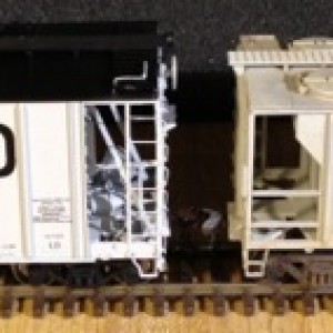 Each of these weathered hoppers is an Atlas Trainman PS-2 Covered Hopper model. I weathered them to simulate cement service. My weathering steps were