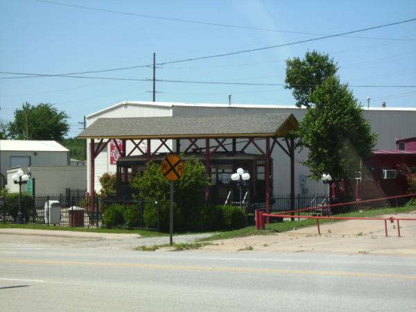 TSU office and engine house south side. Note our restored trolley which used to run the streets of Sapulpa on the interurban.