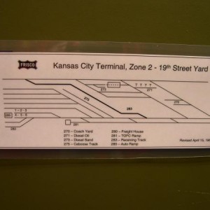 This photo shows a track schematic for the 19th St Yard. This schematic is used by crews to identify the tracks in a given area, especially industry s