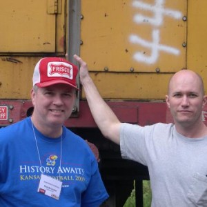 Train Goobers - Rick McClellan (l) of Shawnee, KS and Ray Wells (r) of Springfield take a brake from the meet.  Get it?  A brake?