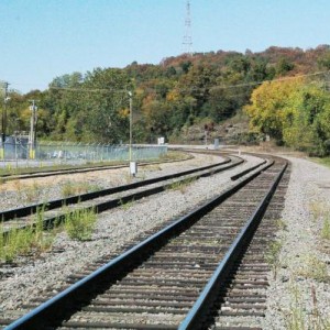 Looking north up former MoP tracks to Frisco/MoP interlock & diamonds.