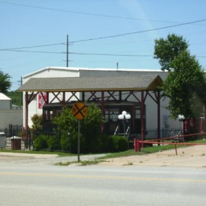 TSU office and engine house south side. Note our restored trolley which used to run the streets of Sapulpa on the interurban.