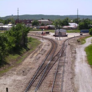 Looking southwest from Line Street overpass at the present Sapulpa office and wye.