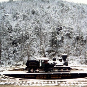 The ES&NA RR Locomotive #8 two-truck Shay on turntable in the late 1980's. Locomotive #8 is not on The ES&NA RR. It is now located in New York.