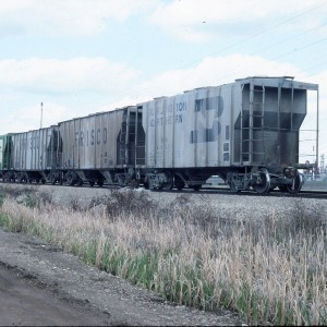 Covered Hopper car line up BN/SLSF/SLSF/BN - June 1986 - East Edmonton, Alberta
