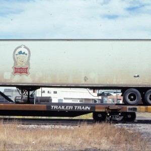 Pig Trailer on flatcar 297496 - October 1983 - Denver, Colorado