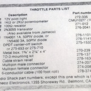 Throttle Parts List